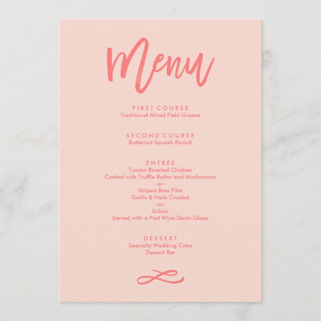 Chic Hand Lettered Coral Bröllop Menu Meny (Framsida)