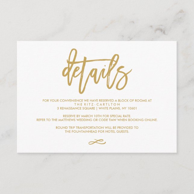 Chic Hand Lettered Guld Bröllop Detaljhölje för Tilläggskort (Framsida)