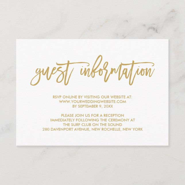 Chic Hand Lettered Guld Bröllop Guest Information Tilläggskort (Framsida)