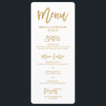 Chic Hand Lettered Guld Bröllop Menu Meny<br><div class="desc">Snyggt guld bröllop-menyn med ett modernt skript typsnitt och säger "Ät,  Drick och Var gift" på baksidan.</div>