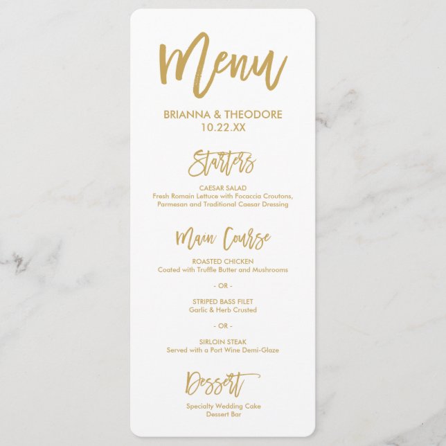 Chic Hand Lettered Guld Bröllop Menu Meny (Framsida)