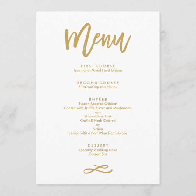 Chic Hand Lettered Guld Bröllop Menu Meny (Framsida)