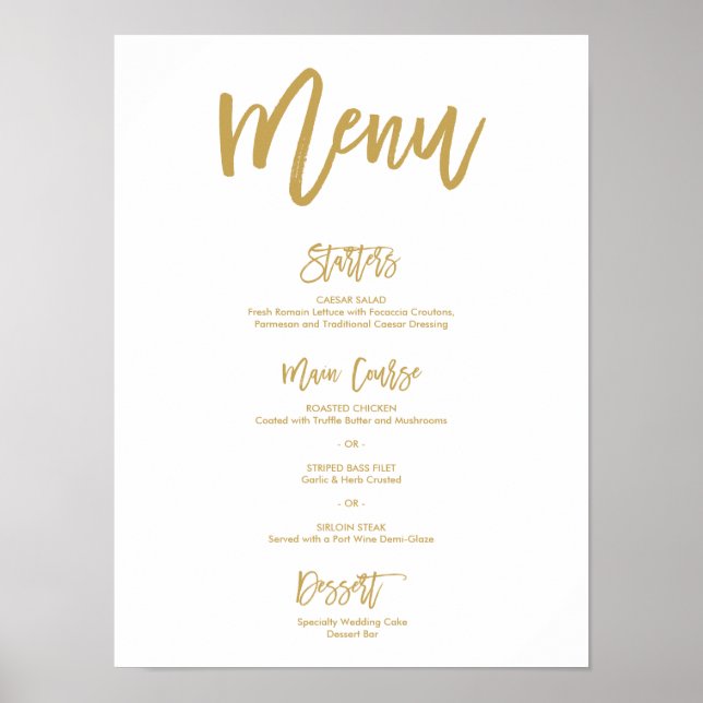 Chic Hand Lettered Guld Bröllop Menu Poster (Framsidan)