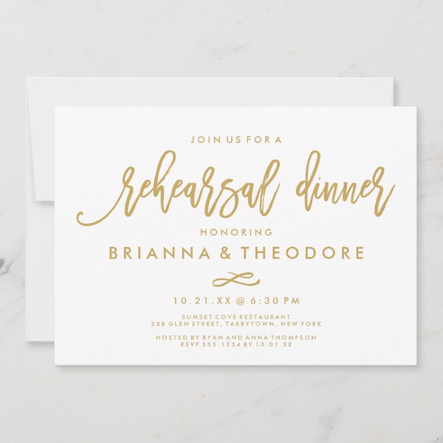 Chic Hand Lettered Guld Bröllop Rehearsal Dinner Inbjudningar (Framsida)