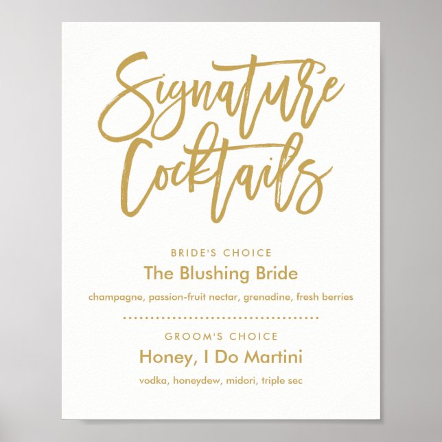 Chic Hand Lettered Guld Namnteckning Cocktails Men Poster (Framsidan)