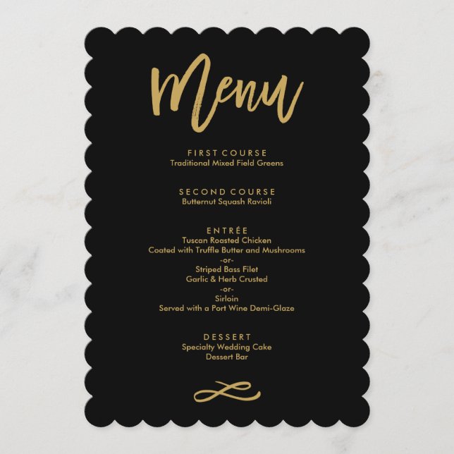 Chic Hand Lettered Guld och Black Bröllop Menu Meny (Framsida)