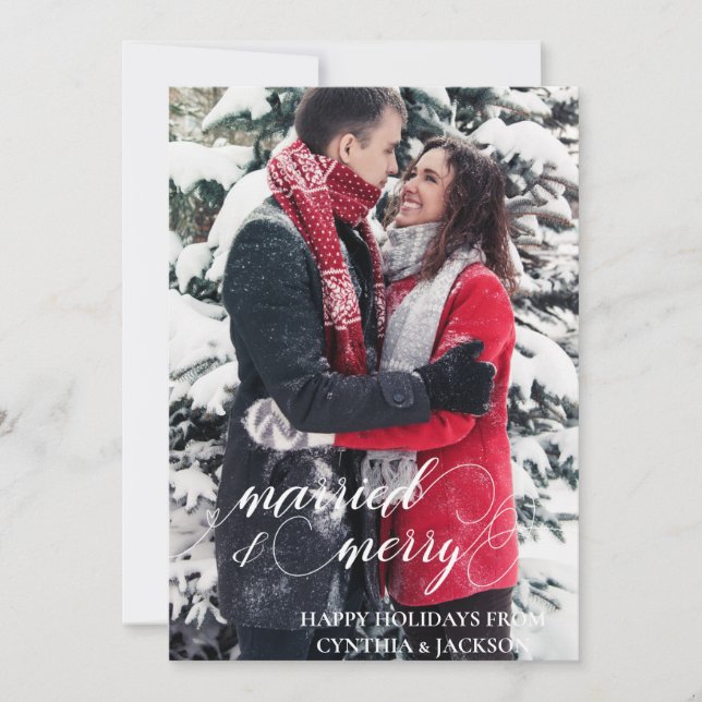 Chic Hand Lettered Married Merry Photo Julkort (Framsida)