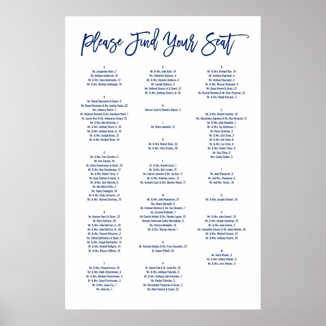 Chic Hand Lettered Navy Alfabetical Sektdiagram Poster (Framsidan)