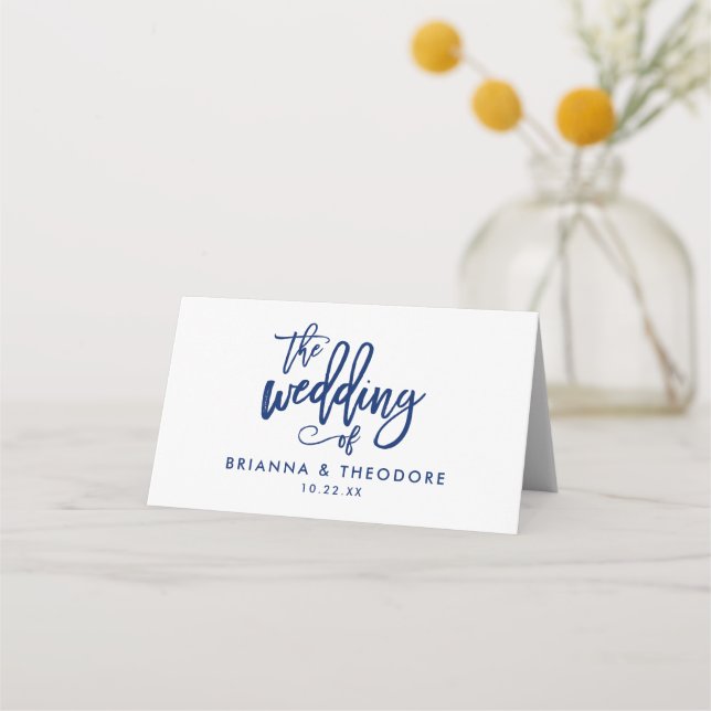 Chic Hand Lettered Navy Bröllop Folat Escort Card Placeringskort (Baksida)