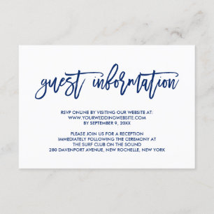 Chic Hand Lettered Navy Bröllop Guest Information Tilläggskort