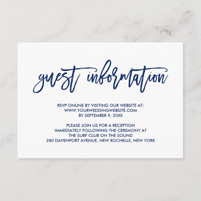 Chic Hand Lettered Navy Bröllop Guest Information Tilläggskort (Framsida)