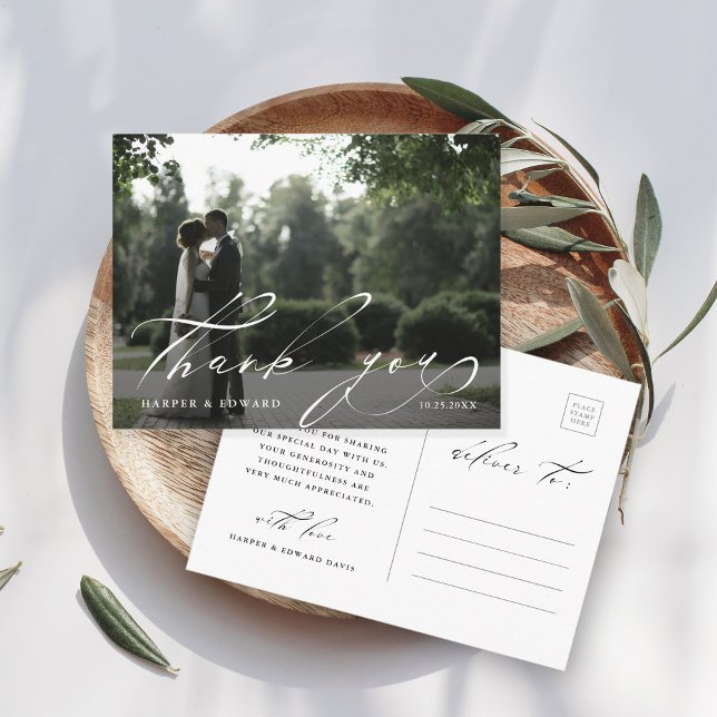 Chic Hand Lettered Photo Bröllop Tack Vykort (Skapare uppladdad)