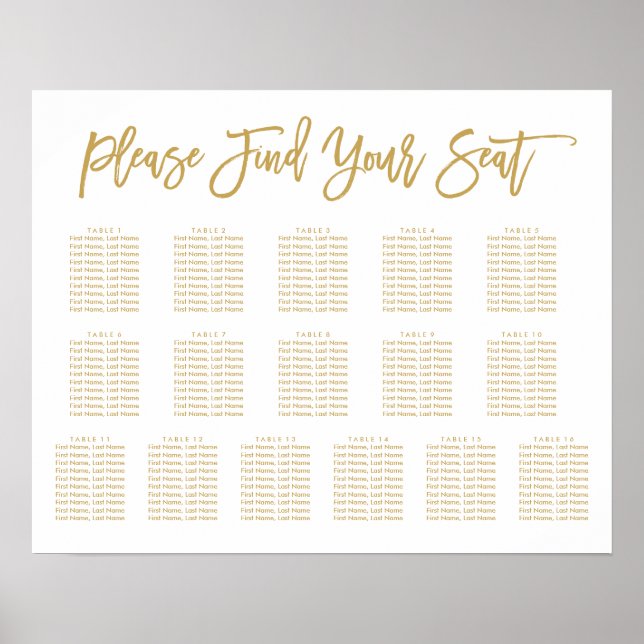 Chic Hand Lettered Seating Chart Guld 16 bord Poster (Framsidan)