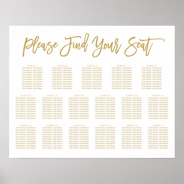 Chic Hand Lettered Seating Chart Guld 17 bord Poster (Framsidan)
