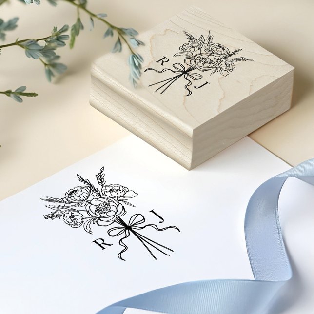 Chic Hand plockade Bow & Blommigt Bouquet Monogram Stämpel (Chic Hand Drawn Bow & Floral Bouquet Monogram Rubber Stamp)