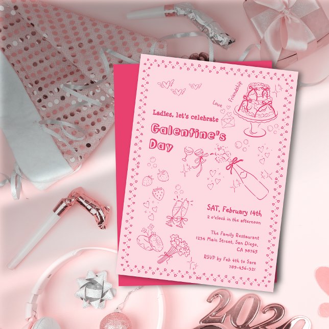 Chic Hand plockade Champagne Galentine's Day Party Inbjudningar (Chic Hand Drawn Champagne Galentine's Day Party)