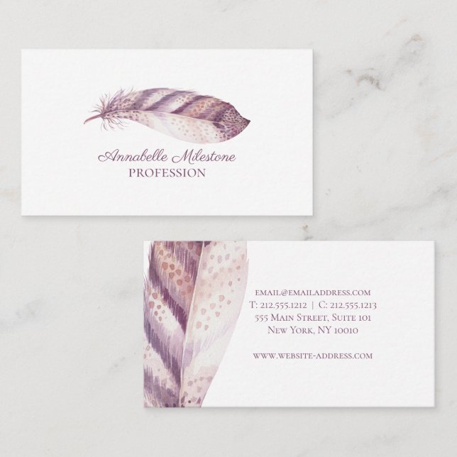 Chic Hand plockade rosa lila vattenfärgsfjädrar Visitkort (Fram/baksida)