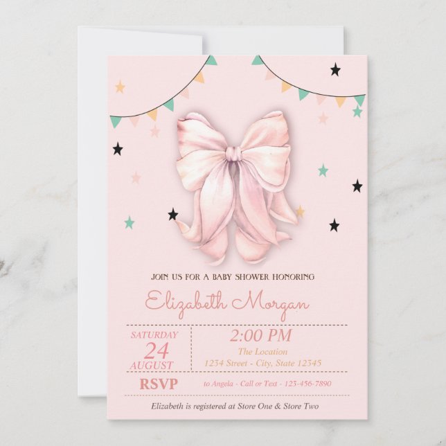 Chic Hand Teckning Rosa Bow Stars Baby Shower Inbjudningar (Framsida)