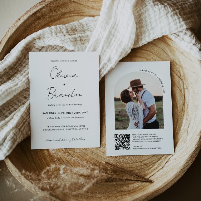 Chic Handskriven QR-kod, Ram-foto Bröllop Inbjudningar (Chic Handwritten QR Code Arch Frame Photo Wedding Invitation)