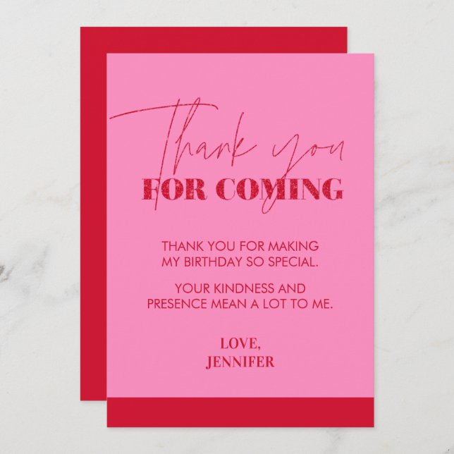 Chic Handskriven Rosa Red Glitter Tack Kort (Fram/baksida)