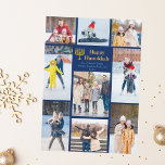Chic Happy Hanukkah Family Photo Collage Blue Gold Julkort<br><div class="desc">Chic customizable Jewish family photo collage Hanukkah card with a collection of winter photos. Add 9 of your favorite Chanukah memories on this modern 9 photograph layout around a menorah and gold script. Happy Hanukkah.</div>