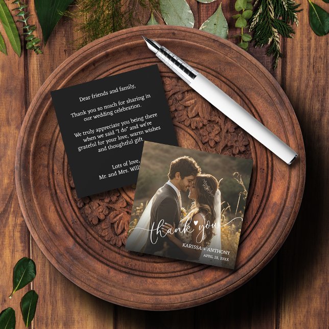 Chic Heart Bröllop Photo Foled Tack Anteckningskort (Chic Heart Wedding Photo Budget Square Thank You Cards)