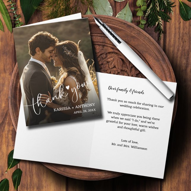 Chic Heart Bröllop Photo Foled Tack Anteckningskort (Wedding Photo Heart Folded Thank You Note Cards)