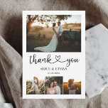 Chic Heart Calligraphy Photo Bröllop Tack<br><div class="desc">Gratulera till er resa i kärlek med vårt exquisite bröllop-tack, som är utformat för par som uppskattar blandningen av klassiska och contemporary. Kortets framsida är en synlig tabbe, med ett rektangulärt foto som tar pridet ställe överst och anger tonen för teckningen nedan. Detta följs av en trio med kvadratiska bilder,...</div>
