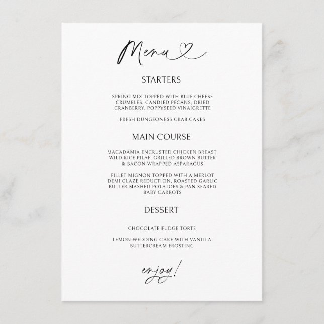 Chic Heart Menu Card Minimal Reception Dining Meny (Framsida)