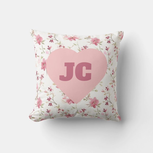 Chic Heart Monogram Initialer Rosa Blommigt Shabby Kudde (Framsida)