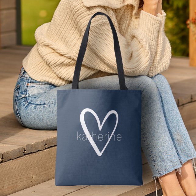Chic Heart Navy Blue Personlig Tygkasse (Custom Tote Bag by PartyInvitationShop.com)