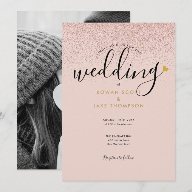 Chic Heart Rose Gold Glitter Foto Bröllop Inbjudningar (Fram/baksida)