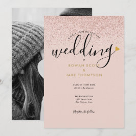 Chic Heart Rose Gold Glitter Foto Bröllop Inbjudningar