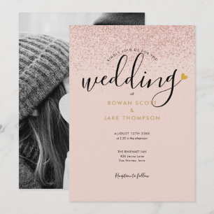 Chic Heart Rose Gold Glitter Foto Bröllop Inbjudningar