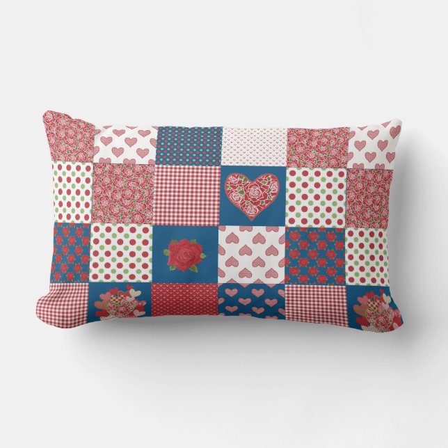 Chic Hearts and Ro Faux Patchwork Lumbar Pillow Lumbarkudde (Framsida)