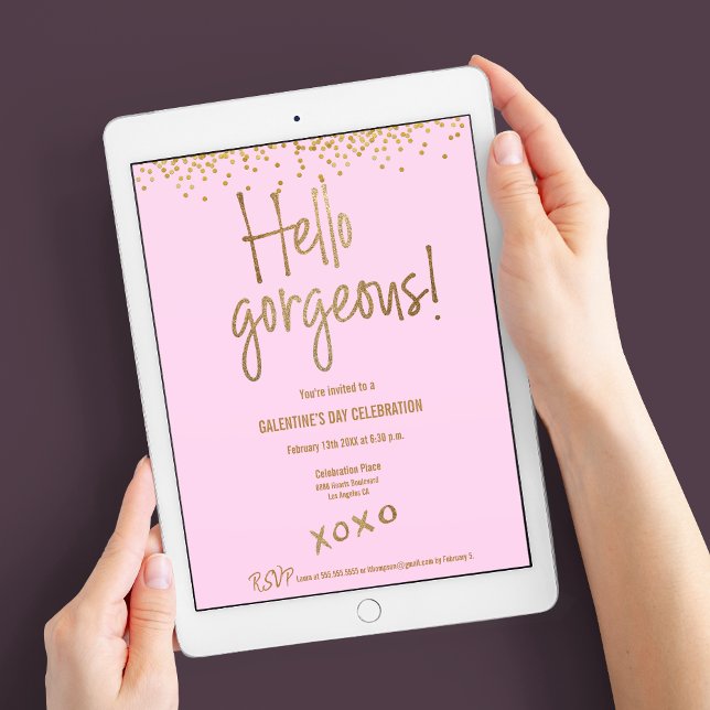 Chic Hej Gorgous Galentine Guld Confetti Rosa Inbjudningar (Digital download available for this "Hello Gorgeous!" xoxo Galentine's day pink and gold invite)