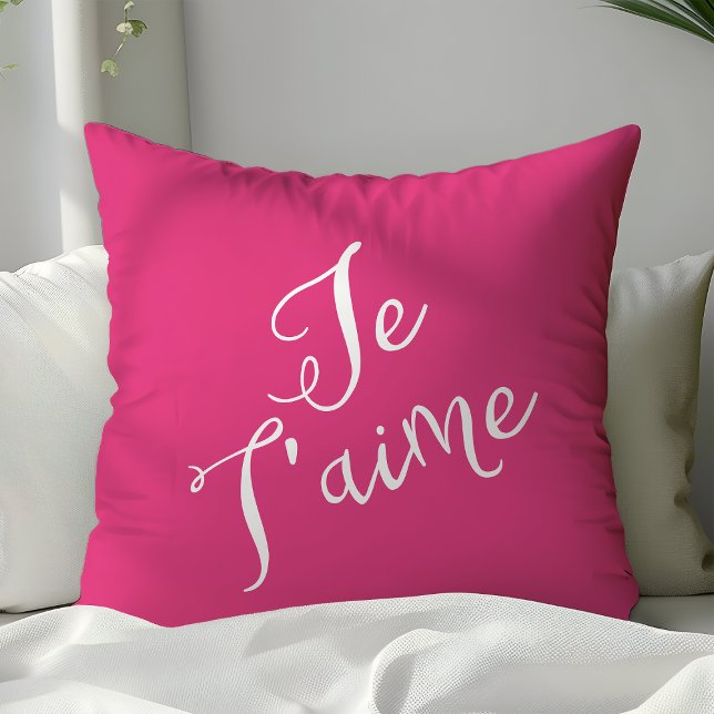 Chic het rosa & vit Je T'aime fransk typografi Kudde (Skapare uppladdad)