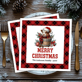 Chic highland cow red black plaid festive napkins pappersservett