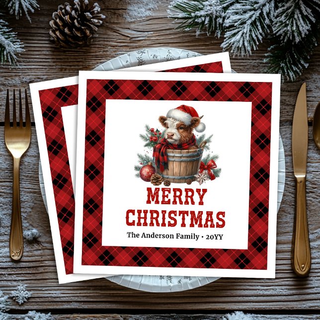 Chic highland cow red black plaid festive napkins pappersservett (Chic highland cow red black plaid festive napkin)