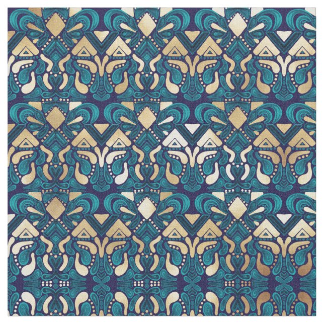 Chic Hipster Guld Emerald Blue Artsy Damask Tyg (Närbild)