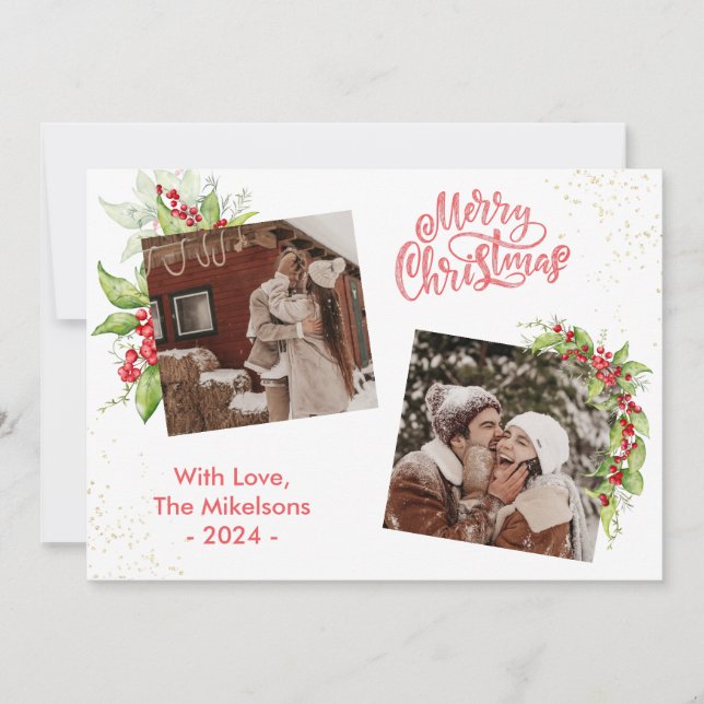 Chic Holly Bär God Jul 2 Foto Högtid Julkort (Framsida)