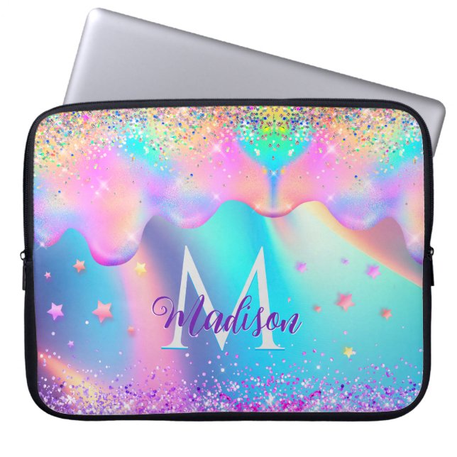 Chic holografisk enmajsdropp glitter monogram laptop fodral (Framsidan)