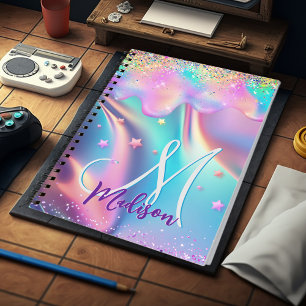 Chic holografisk enmajsdroppning glitter monogram anteckningsbok