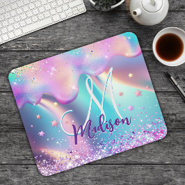 Chic holografisk enmajsdroppning glitter monogram musmatta