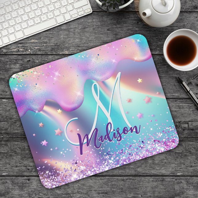 Chic holografisk enmajsdroppning glitter monogram musmatta (Skapare uppladdad)