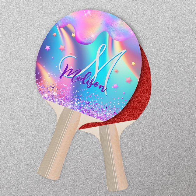 Chic holografisk enmajsdroppning glitter monogram pingisracket (Skapare uppladdad)