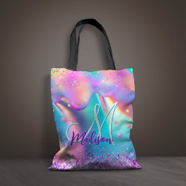 Chic holografisk enmajsdroppning glitter monogram tygkasse