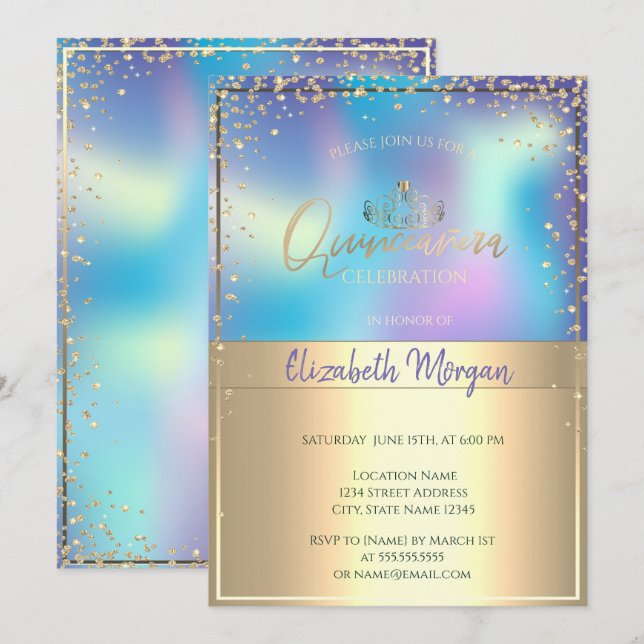 Chic holografisk guldtiara, diamanter Quinceañera Inbjudningar (Fram/baksida)