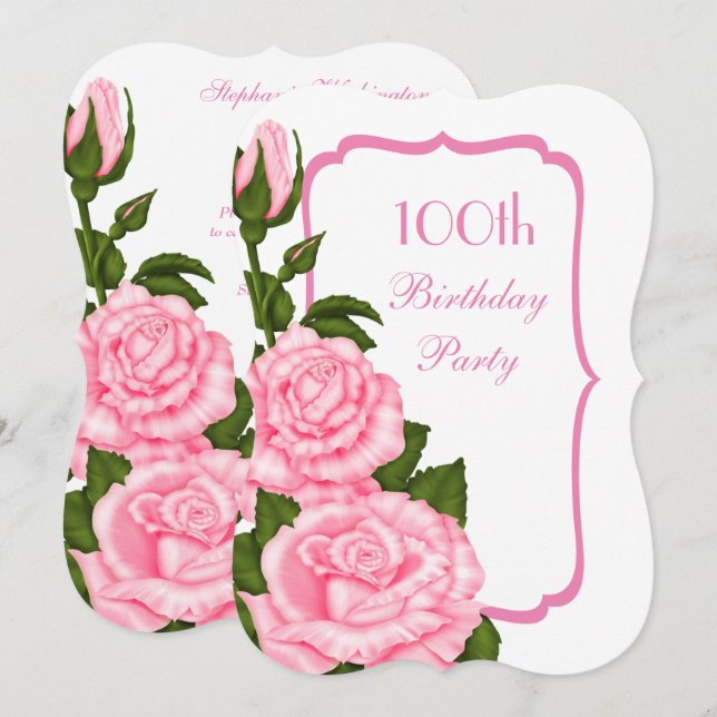 Chic hörn rosa rosor 100-årsdag inbjudningar (Fram/baksida)