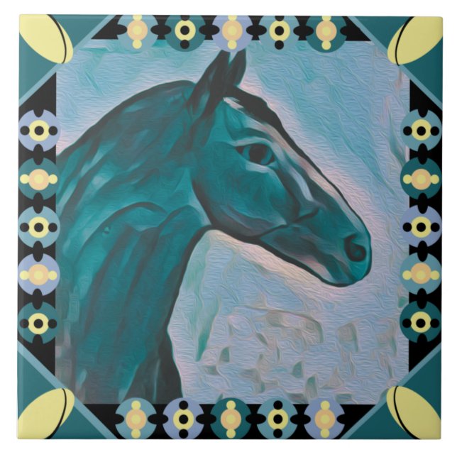 Chic Horse Head Turcos Teal Blue Mix and Gult Kakelplatta (Framsidan)